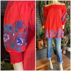 Parker Jace embroidered off-the-shoulder dress in Coral Red XS